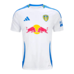 White Leeds United football jersey with blue trim and Red Bull sponsor on the chest (front view).