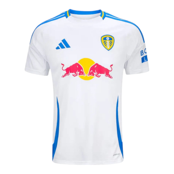 White Leeds United football jersey with blue trim and Red Bull sponsor on the chest (front view).