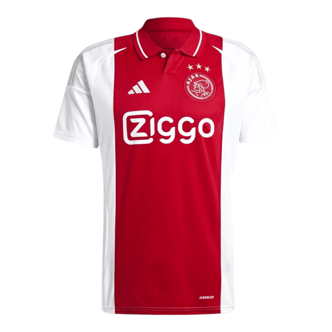 Photoroom-20240815-075218 | UAE SPORT STORE Ajax football jersey: red center with white side panels, Ziggo logo on front, Ajax crest with four stars above on the chest