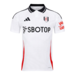 Photoroom-20240815-075303 | UAE SPORT STORE White Fulham FC home jersey featuring a black-trim polo collar, black Adidas logo, club crest on the chest, and red side panels with the SBOTOP sponsor across the front.