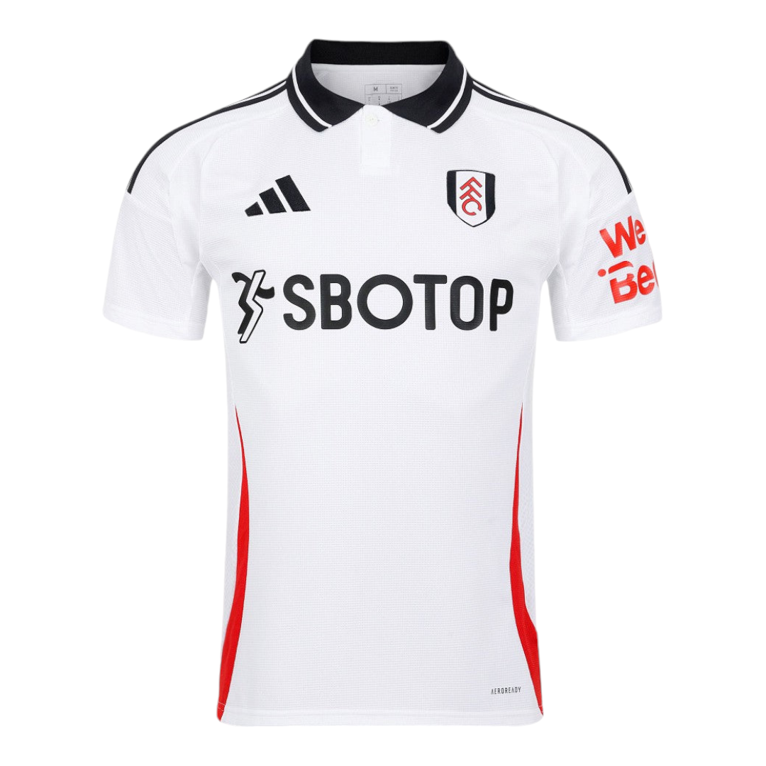 Photoroom-20240815-075303 | UAE SPORT STORE White Fulham FC home jersey featuring a black-trim polo collar, black Adidas logo, club crest on the chest, and red side panels with the SBOTOP sponsor across the front.