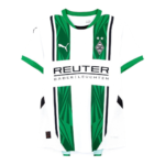 Borussia Mönchengladbach home soccer jersey with green vertical panels, white base, team crest and Puma logo.