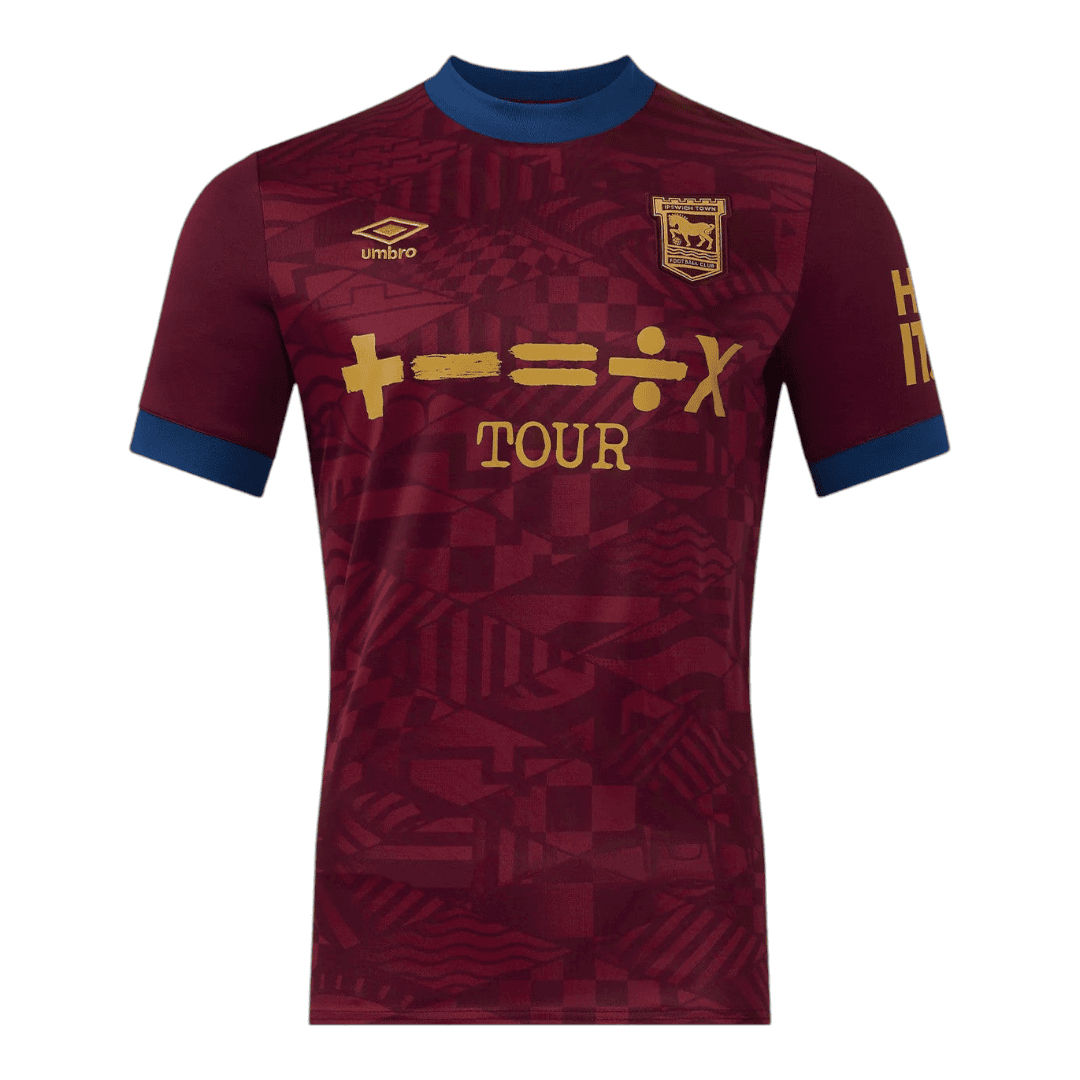 Photoroom-20240815-075724 | UAE SPORT STORE Maroon football jersey with blue collar, gold sponsor text 'TOUR' across chest and team crest on the left chest