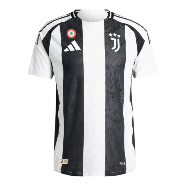 Juventus home soccer jersey with vertical black and white stripes, Adidas logo, and club crest with three stars.