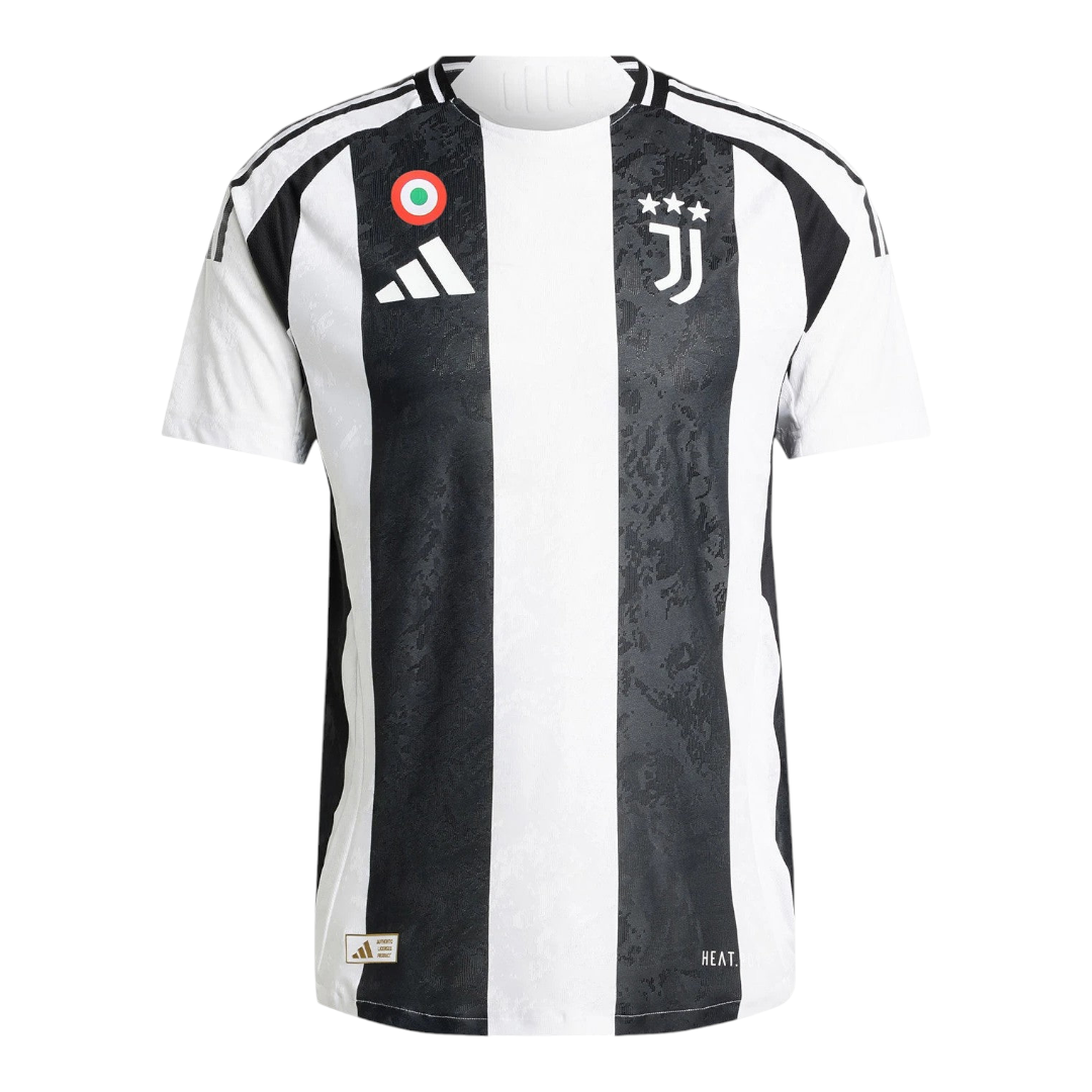 Photoroom-20240815-075804 Juventus home soccer jersey with vertical black and white stripes, Adidas logo, and club crest with three stars.