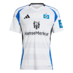 White soccer jersey with blue accents, sponsor text HanseMerkur, and HSV crest on the chest.