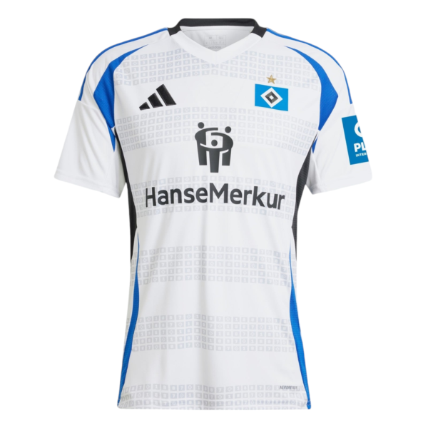 White soccer jersey with blue accents, sponsor text HanseMerkur, and HSV crest on the chest.