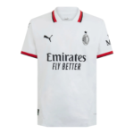 White AC Milan football jersey with Emirates Fly Better sponsor, black Puma logo, and red trim on collar and sleeves.
