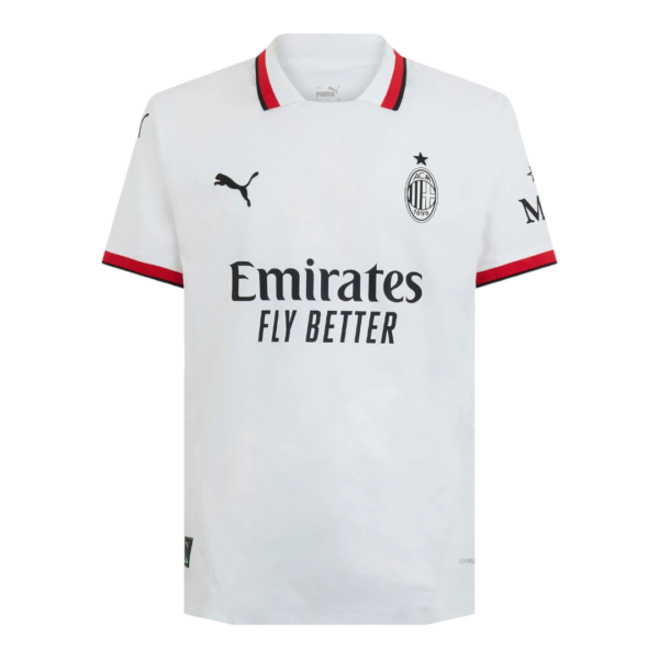 White AC Milan football jersey with Emirates Fly Better sponsor, black Puma logo, and red trim on collar and sleeves.