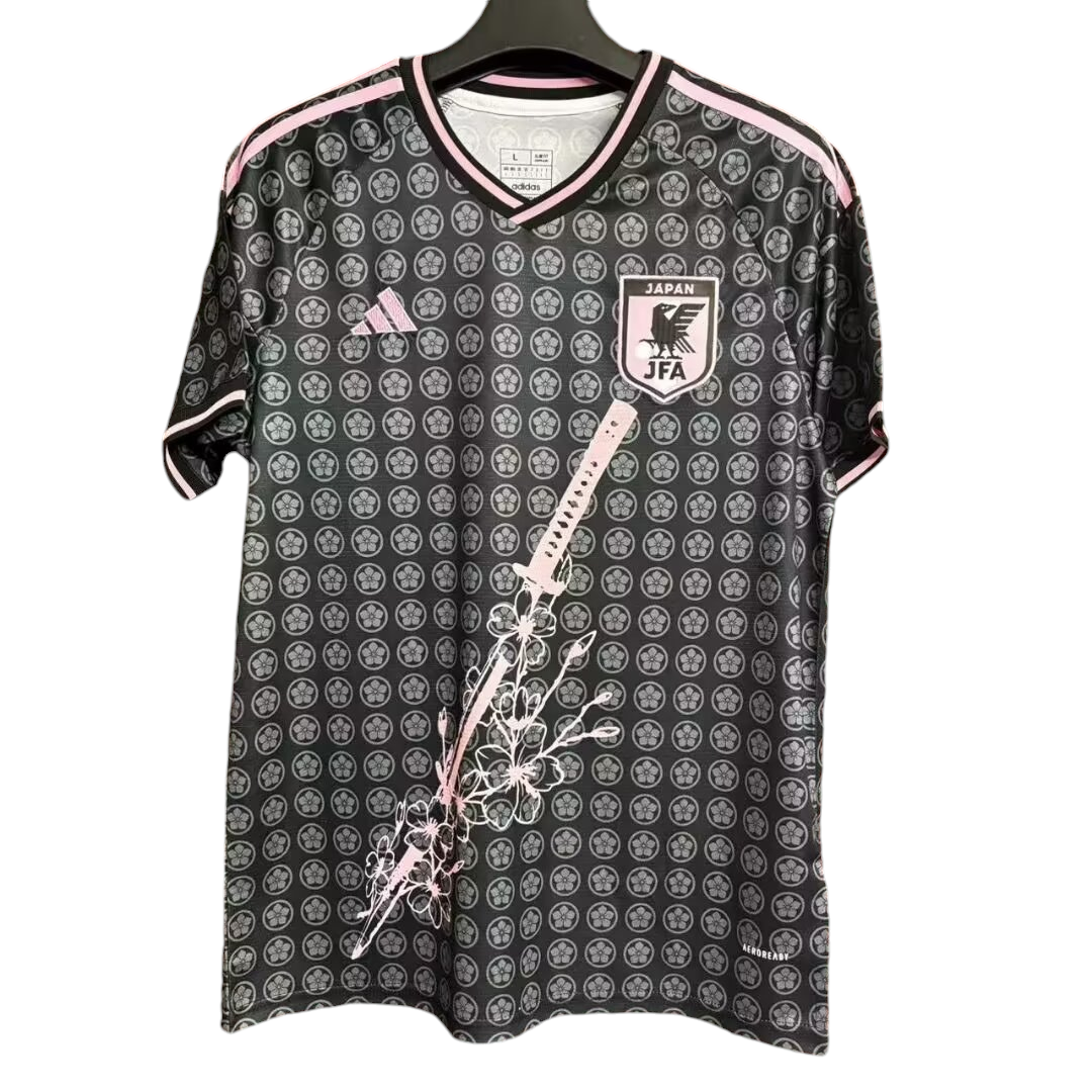 Photoroom-20240904-192958 Japan national football team jersey with pink trim and floral sword graphic on the front