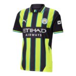 Manchester City football jersey with neon yellow and navy vertical stripes and club crest on the chest