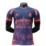 Purple–pink Real Madrid soccer jersey on a mannequin, featuring Emirates Fly Better sponsor and club crest on the chest.