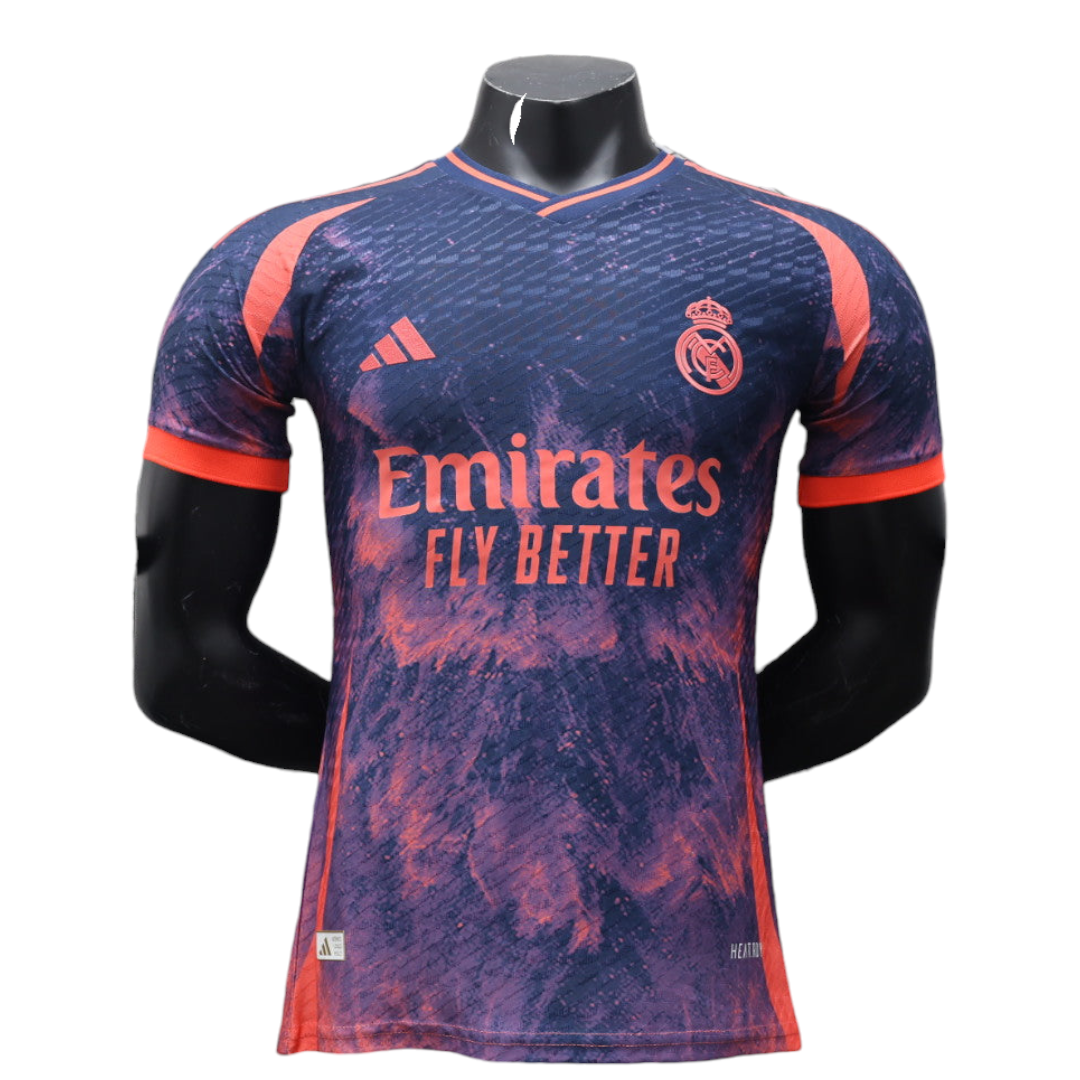 Photoroom-20240904-200724 | UAE SPORT STORE Purple–pink Real Madrid soccer jersey on a mannequin, featuring Emirates Fly Better sponsor and club crest on the chest.