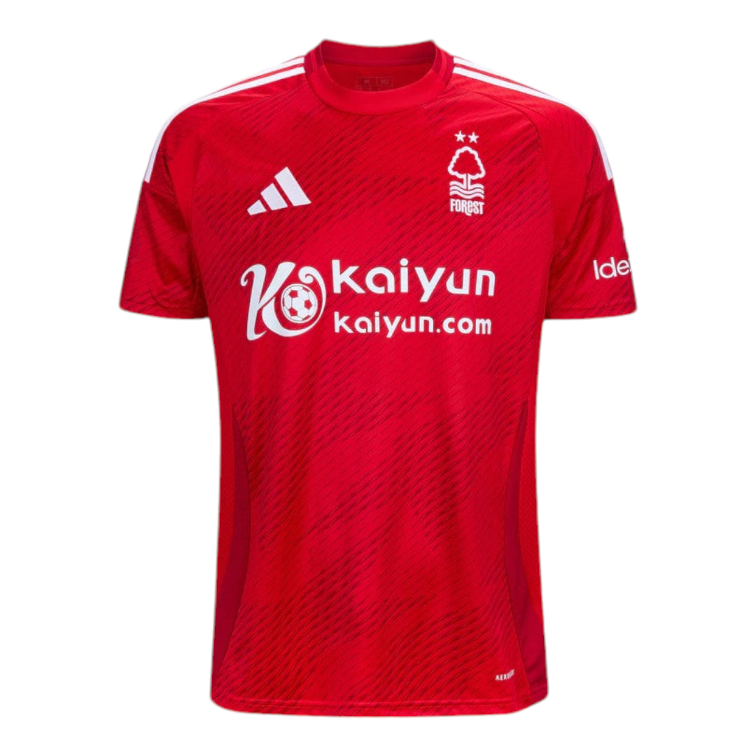Photoroom-20240904-213511 Red football (soccer) jersey with diagonal pattern, white Adidas logo, Forest crest, and Kaiyun sponsor across the chest.