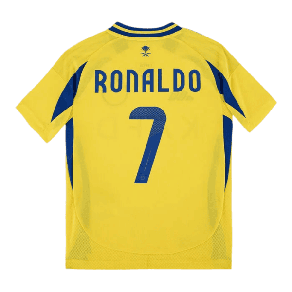 Yellow soccer jersey with blue accents, back reads RONALDO and number 7 in blue lettering proof of a football kit