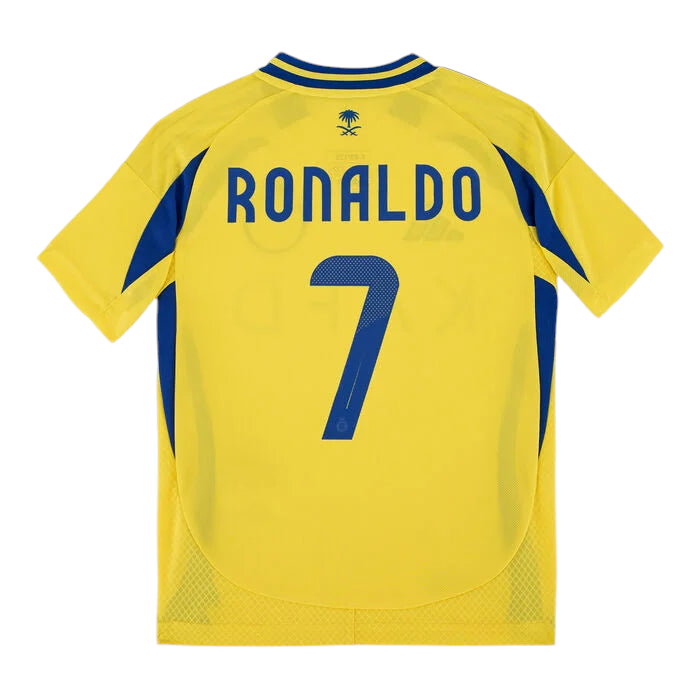 Photoroom-20240914-070054 | UAE SPORT STORE Yellow soccer jersey with blue accents, back reads RONALDO and number 7 in blue lettering proof of a football kit