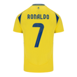 Back view of a bright yellow jersey with blue 'RONALDO' text and a large blue number 7.