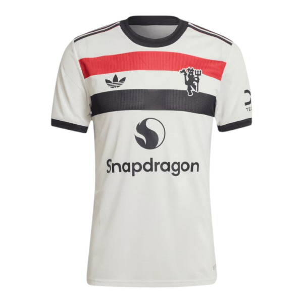 White Adidas football jersey with red and black horizontal bands and Snapdragon sponsor logo on the chest, and a crest on the left.