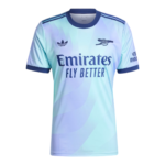 Front view of a pastel gradient soccer jersey in aqua and lavender with navy collar, featuring Emirates Fly Better sponsor text and Adidas logo on the chest.