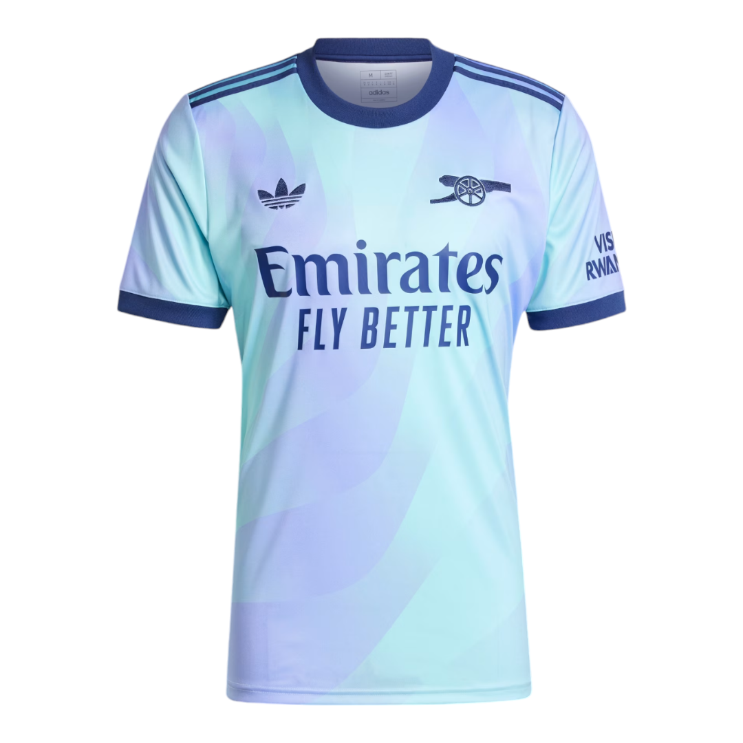 Photoroom-20240920-095404 | UAE SPORT STORE Front view of a pastel gradient soccer jersey in aqua and lavender with navy collar, featuring Emirates Fly Better sponsor text and Adidas logo on the chest.