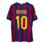 Barcelona FC Messi jersey back view with yellow 'MESSI' and number 10 on blue-red vertical stripes