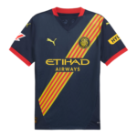 Dark blue Girona FC football jersey with a yellow-red diagonal sash, Girona crest, and Etihad Airways sponsor.