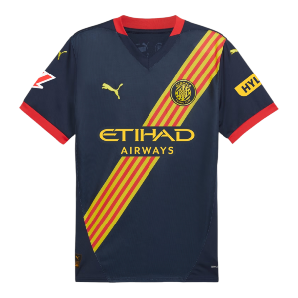 Dark blue Girona FC football jersey with a yellow-red diagonal sash, Girona crest, and Etihad Airways sponsor.