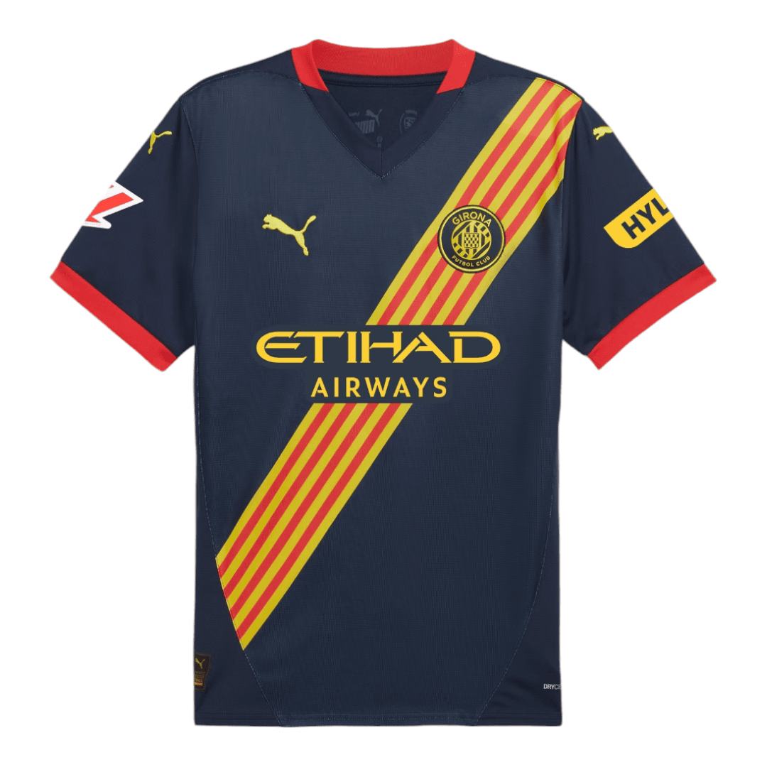 Photoroom-20241018-181533 | UAE SPORT STORE Dark blue Girona FC football jersey with a yellow-red diagonal sash, Girona crest, and Etihad Airways sponsor.