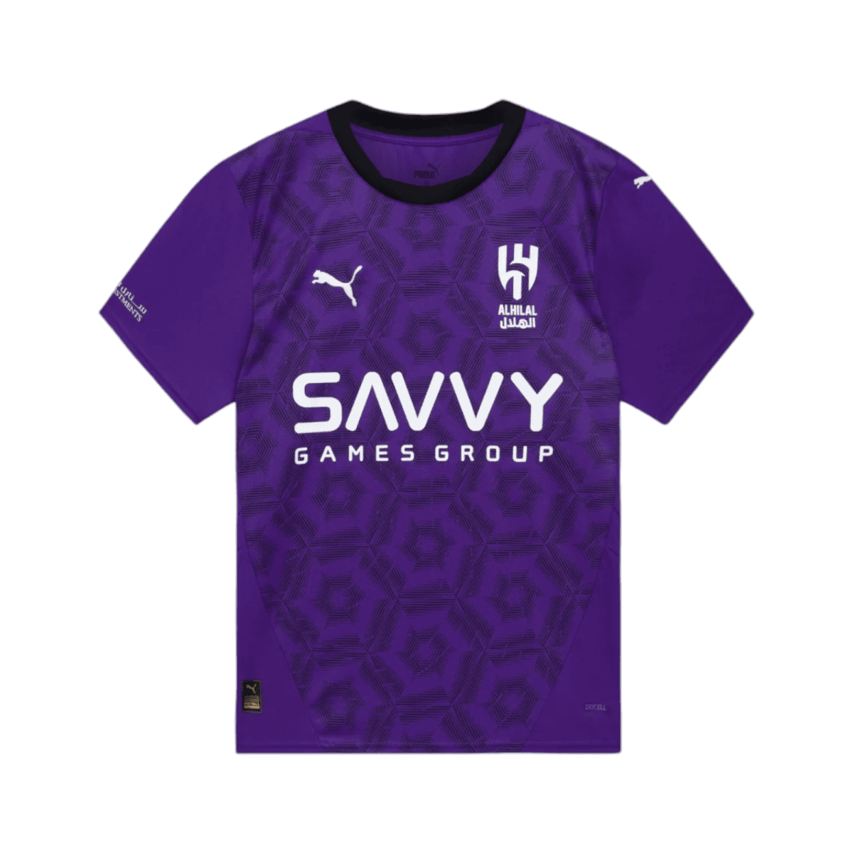 Purple soccer jersey with a geometric pattern, featuring the white 'SAVVY GAMES GROUP' sponsor across the chest and the Al Hilal logo nearby.