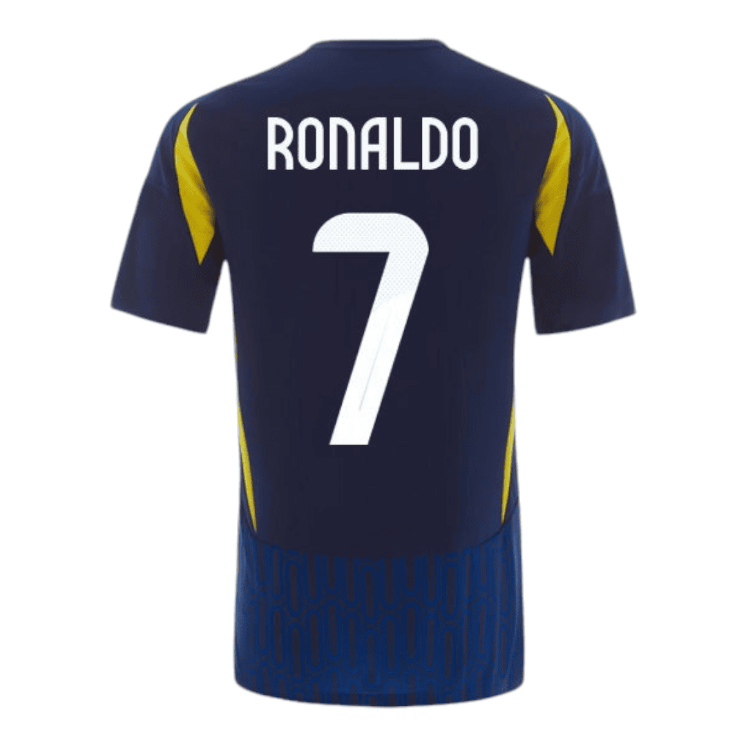 Photoroom-20241018-181706 | UAE SPORT STORE Back of a dark blue soccer jersey with the name 'RONALDO' and the number 7 in white, yellow accents on the sides and a patterned blue hem.