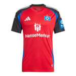 Red soccer jersey with black sleeves and blue side panels, featuring a white sponsor logo and a blue crest on the chest (football club kit)