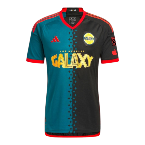 Los Angeles Galaxy soccer jersey, teal left half and black right half with red trim and Galaxy crest on chest.