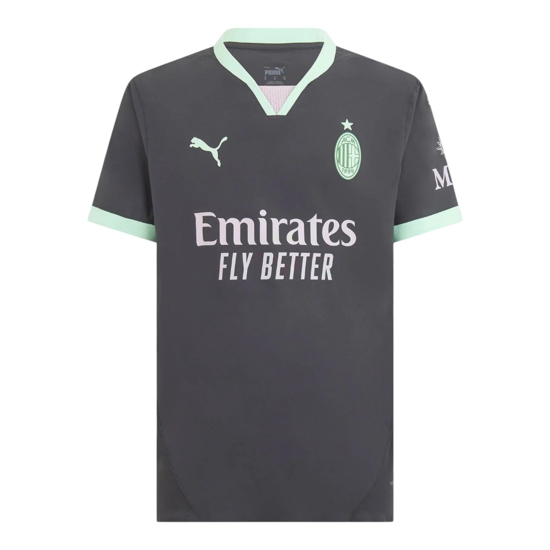 Photoroom-20241018-182428 Dark gray AC Milan football jersey with mint green trim, Puma logo, club crest with star, and Emirates Fly Better sponsor across the chest.