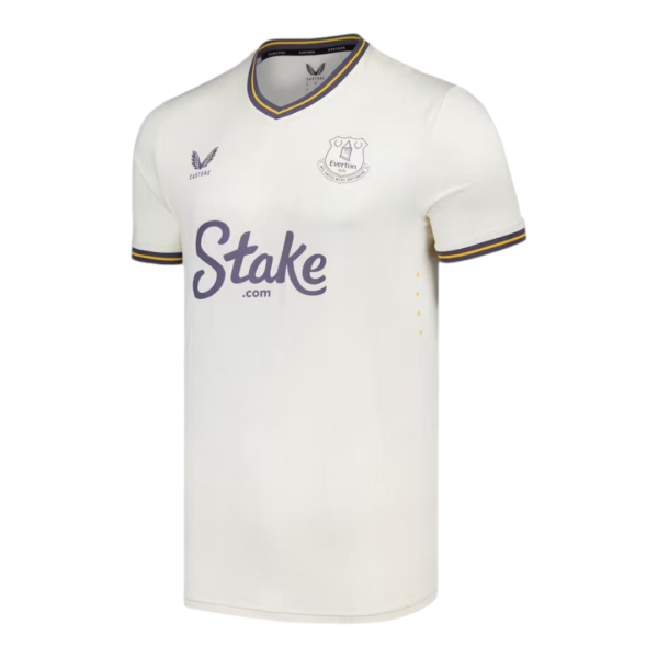 Cream Everton football jersey with purple-yellow trim and Stake sponsorship across the chest (soccer kit)