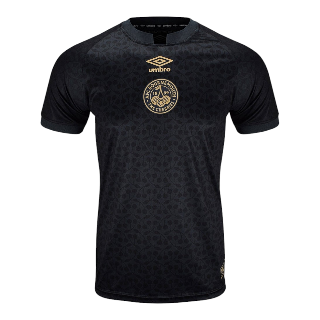 Photoroom-20241018-182929 Black AFC Bournemouth football jersey with a subtle cherry-pattern design, gold club crest and gold Umbro logo on the chest.