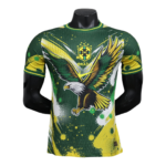 Brazil national football jersey with a bold green-yellow paint-splatter design and an eagle emblem on the chest eco-friendly logo style.
