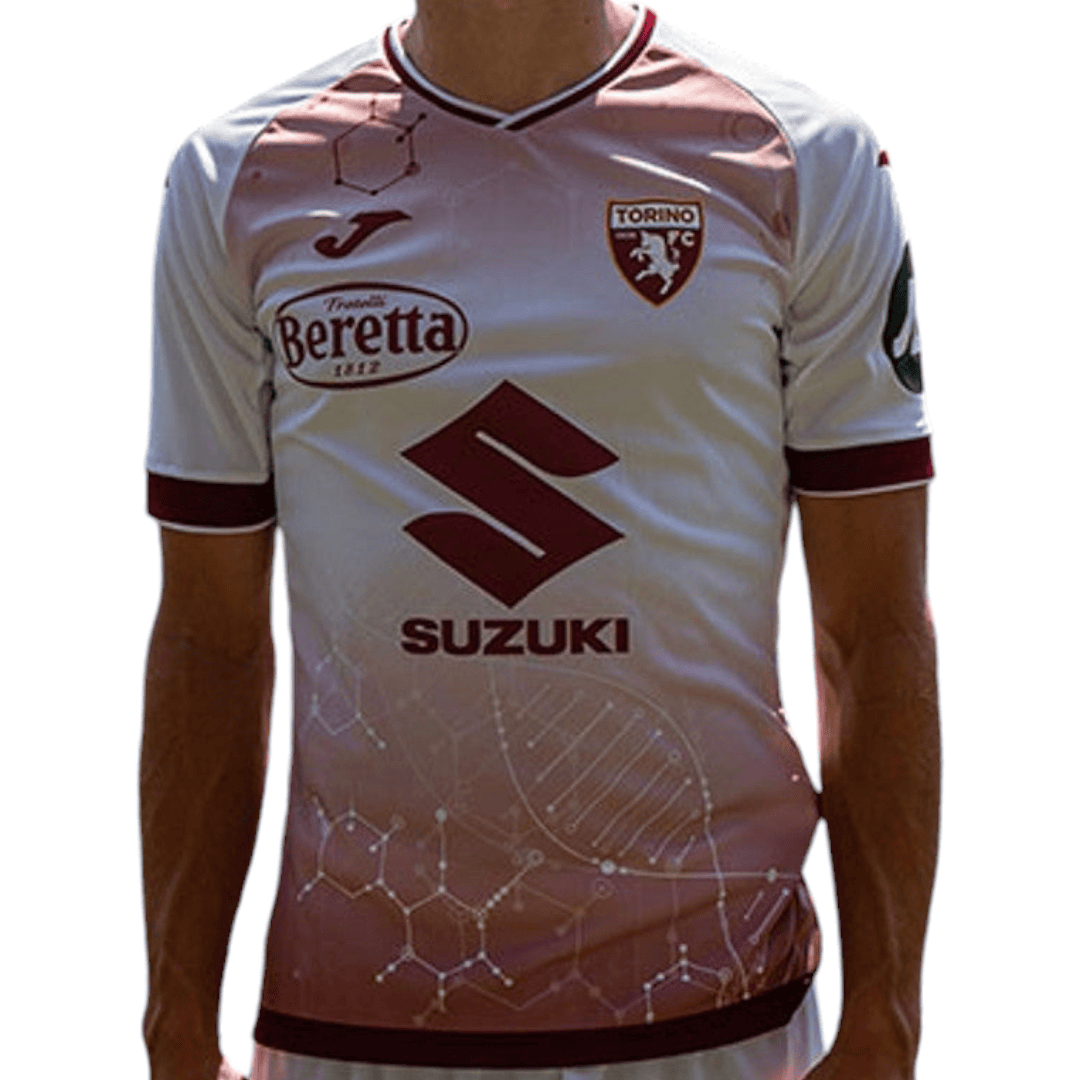 Photoroom-20241103-175317 | UAE SPORT STORE Male soccer player wearing a white maroon Torino FC jersey with Suzuki sponsor logo on the chest and Beretta patch on the left, standing facing forward.