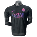 Black Paris Saint-Germain soccer jersey on a mannequin, featuring the Qatar Airways sponsor in pink-purple gradient and crest on the chest.