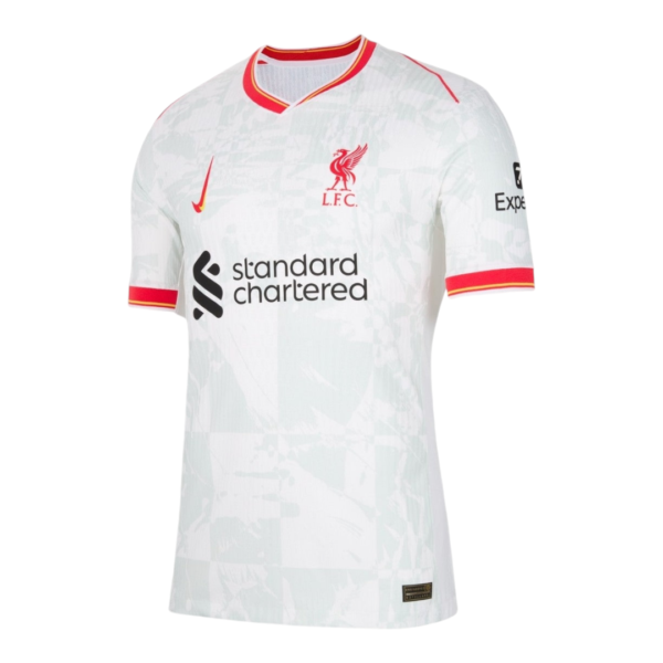 White Liverpool FC away jersey with red trim, featuring the Liverbird crest, Nike swoosh, and Standard Chartered sponsor logo in black on the front.