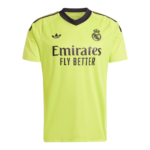 Neon yellow Real Madrid football jersey with black crest, Adidas logo, and 'Emirates FLY BETTER' sponsor text central front.