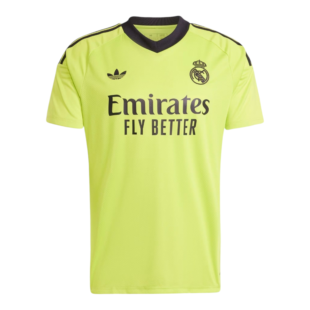 Photoroom-20241103-180030 | UAE SPORT STORE Neon yellow Real Madrid football jersey with black crest, Adidas logo, and 'Emirates FLY BETTER' sponsor text central front.