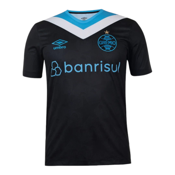 Black Grêmio football jersey with blue chevron collar, sponsor Banrisul, and Umbro logo.