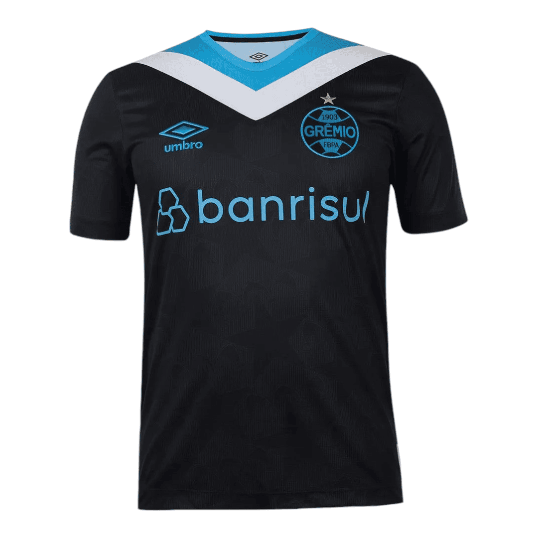 Photoroom-20241103-180333 | UAE SPORT STORE Black Grêmio football jersey with blue chevron collar, sponsor Banrisul, and Umbro logo.