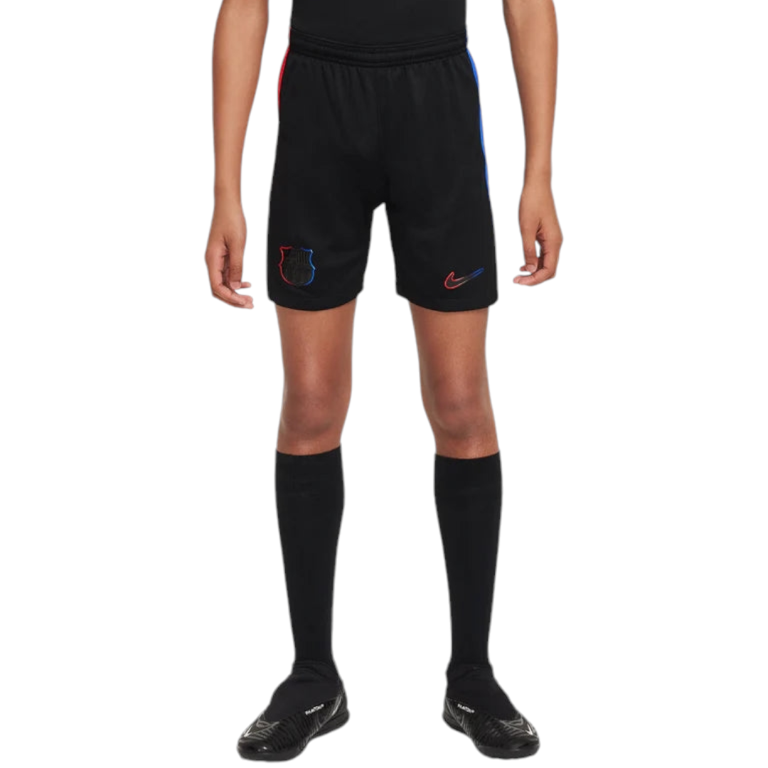 Photoroom-20241103-180457 Male athlete wearing black soccer shorts with red/blue crest and Nike logo, black socks, and cleats against a white background.