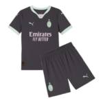 Charcoal gray football kit: jersey with mint trim, Emirates Fly Better sponsor, crest badge, and matching shorts with mint accents.