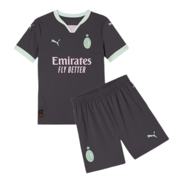 Charcoal gray football kit: jersey with mint trim, Emirates Fly Better sponsor, crest badge, and matching shorts with mint accents.