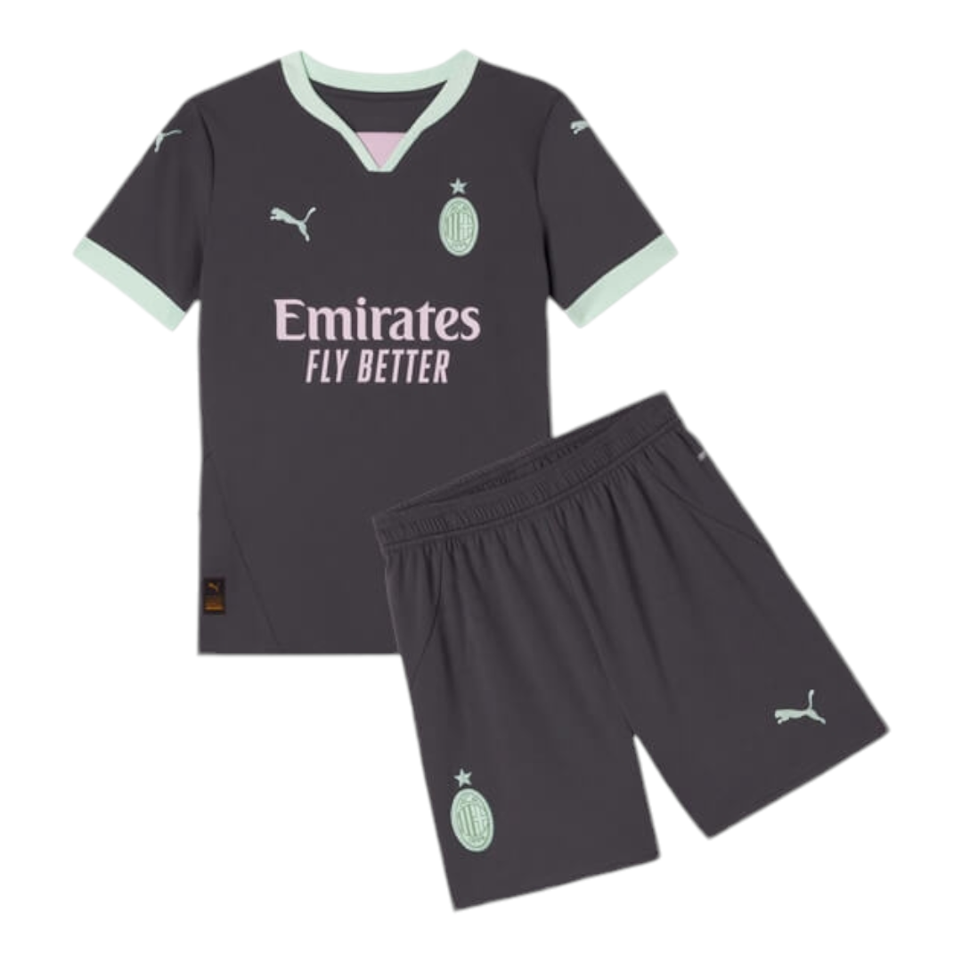 Photoroom-20241103-180544 Charcoal gray football kit: jersey with mint trim, Emirates Fly Better sponsor, crest badge, and matching shorts with mint accents.
