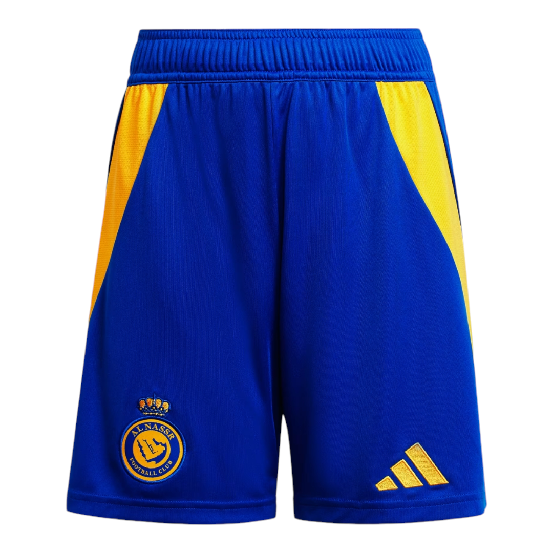 Photoroom-20241103-180628 Blue football shorts with yellow side panels and an elastic waistband, featuring Al Nassr FC crest on the left leg and the Adidas logo on the right leg.
