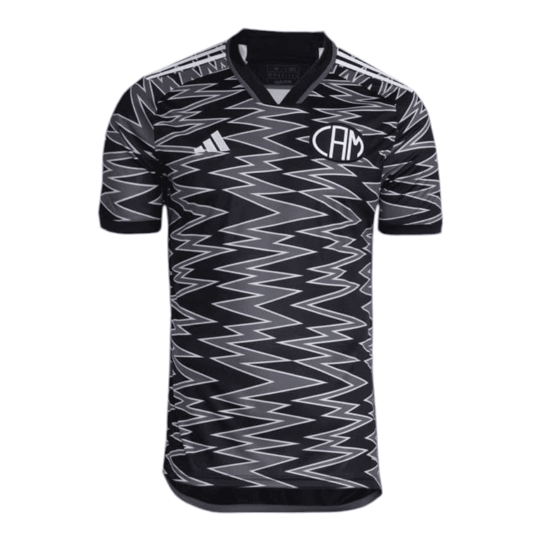 Photoroom-20241103-180838_2 | UAE SPORT STORE Black and gray zigzag-patterned short-sleeve soccer jersey with a V-neck collar and white logos on the chest (Adidas and circular emblem).