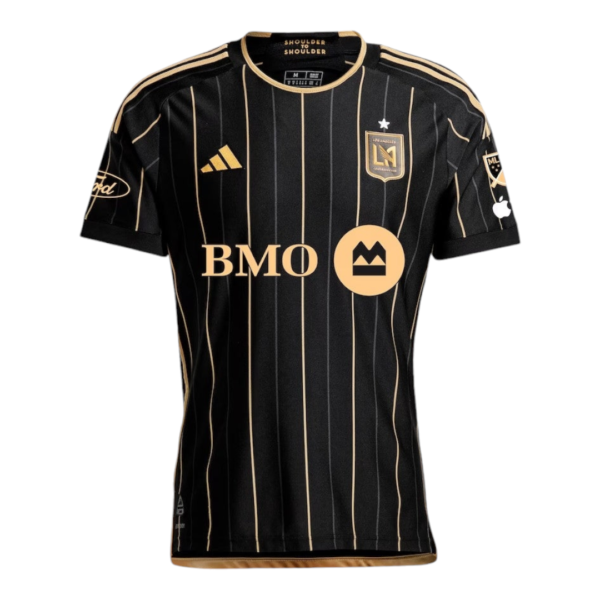 Black pinstripe soccer jersey with gold vertical stripes, team crest, Adidas logo, and BMO sponsor prominently displayed